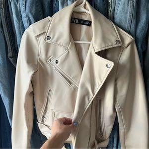 Cream Zara Faux Leather Moto Jacket